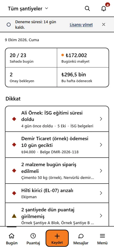 Güneş temasında Bugün ekranı: kalın siyah çerçeveli özet ve uyarı satırları